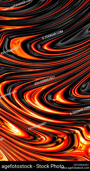 Wavy fractal background - abstract computer-generated image. Digital marbling - chaos curls and waves copper-orange and black colors