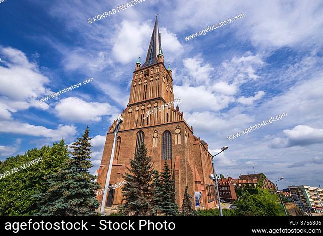 Front facade and a bell tower of Cathedral Basilica of St James the Apostle in Szczecin, West Pomerania Province in Poland