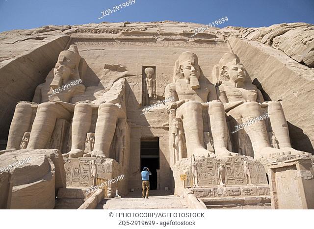 Partial view of two massive rock temples, The twin temples were originally carved out of the mountainside during the reign of Pharaoh Ramesses II in the 13th...