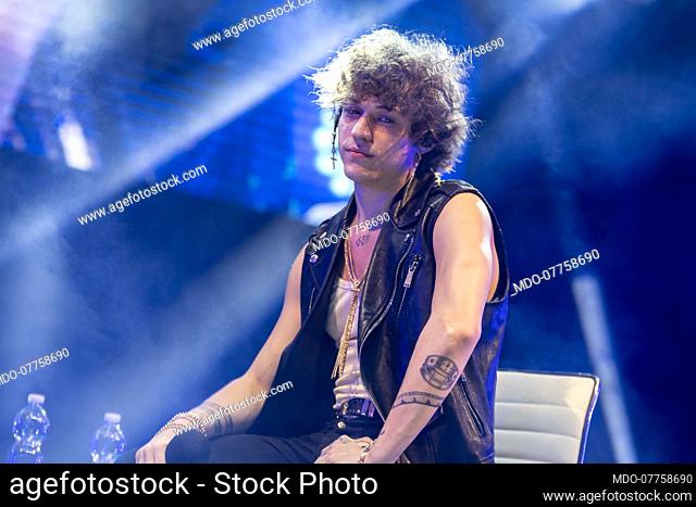 Italian singer-songwriter Irama (Filippo Maria Fanti) in concert during the music festival Deejay on stage. Riccione (Italy), August 18th, 2020