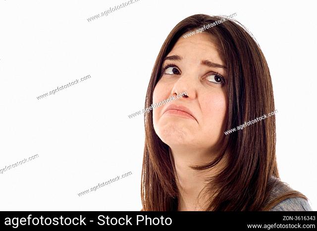 Sad woman looking down isolated on white background