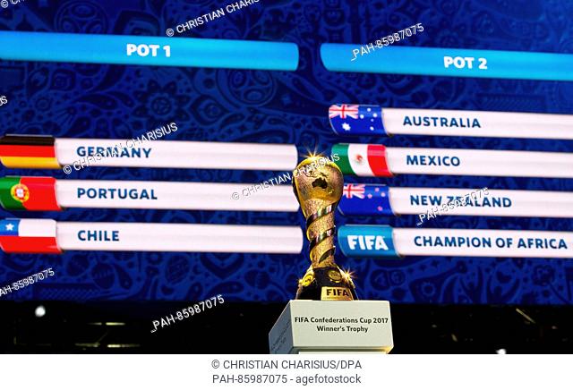 The Confed Cup 2017 trophy can be seen during a rehearsal for the drawing of the groups for the Confederations Cup 2017 in Kazan, Russia, 25 November 2016