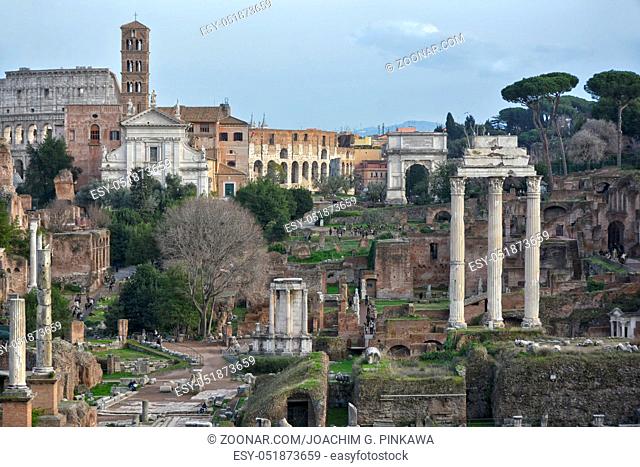 Blick über das Forum Romanum bis zum Kolosseum in Rom