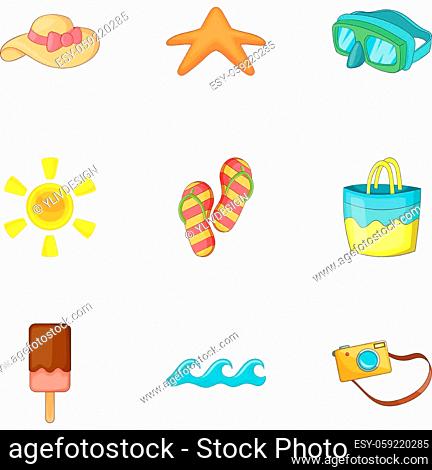 Beach holidays icons set. Cartoon illustration of 9 beach holidays vector icons for web