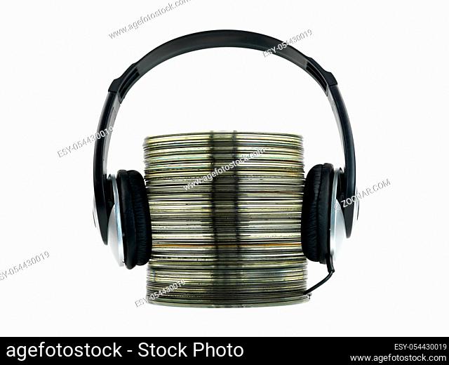 A stack of compact discs isolated against a white background