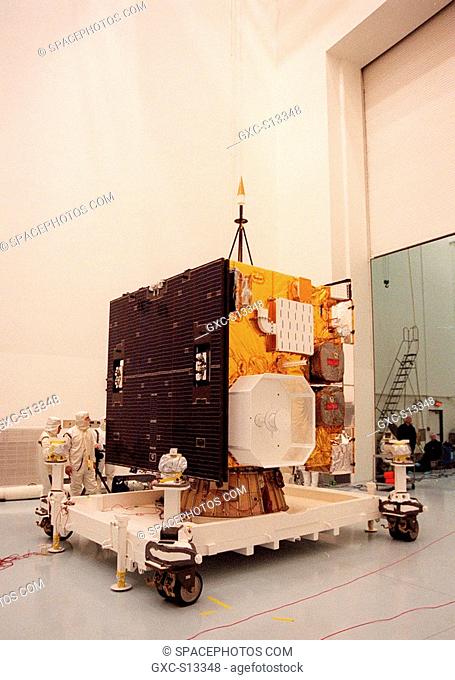 05/04/1999 --- The GOES-L weather satellite sits on a workstand at Astrotech, Titusville, Fla., ready to be encapsulated for its transfer to Launch Pad 36A