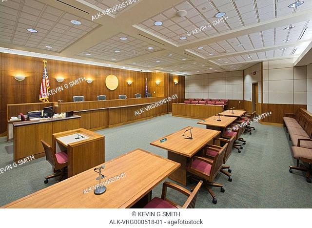 Interior view of a courtroom at the Rabinowitz Courthouse in Fairbanks Alaska