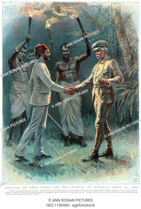 Henry Morton Stanley, Welsh journalist and explorer, meeting Emin Pasha at Kavalli, 29 April 1888. Born Eduard Schnitzer in Germany