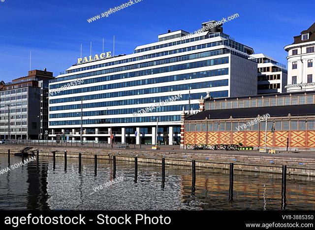 View to Eteläranta, Helsinki with Former Hotel Palace, where the premises of Confederation of Finnish Industries (EK) are situated. May 19, 2020.