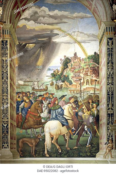 Enea Silvio Piccolomini departing for Basel in the capacity of secretary of the Bishop of Ferrara, detail from the Stories of Pius II, 1503-1508