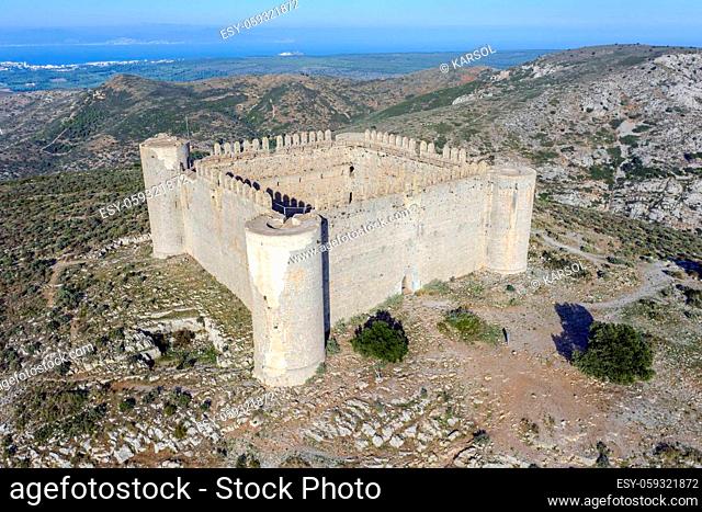 Medieval Castle called El Montgri at the top mountain near the sea in Costa Brava, Catalonia Spain
