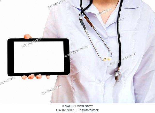 nurse holds tablet pc with cut out screen