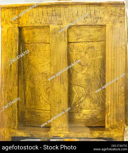 Egypt, Cairo, Egyptian Museum, from the tomb of Yuya and Thuya in Luxor : Wooden chair, plastered and gilded. The back shows a winged god Bes dancing