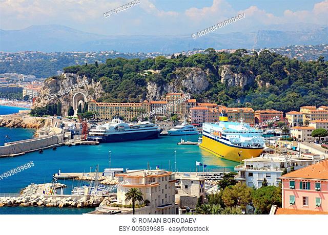 Harbor with luxury yachts, cruise ships of the city of Nice, Fra