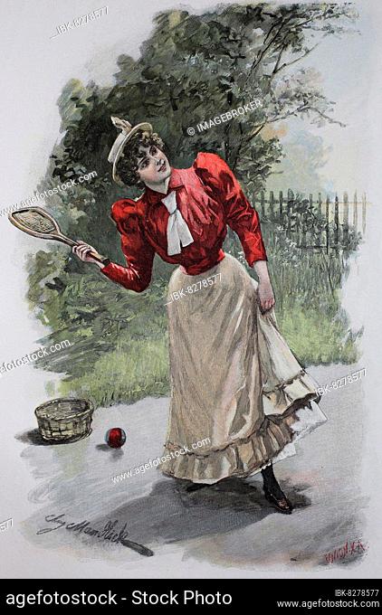 Junge Frau beim Tennis, 1899, digitale Reproduktion einer Originalvorlage aus dem 19. Jahrhundert, Originaldatum nicht bekannt