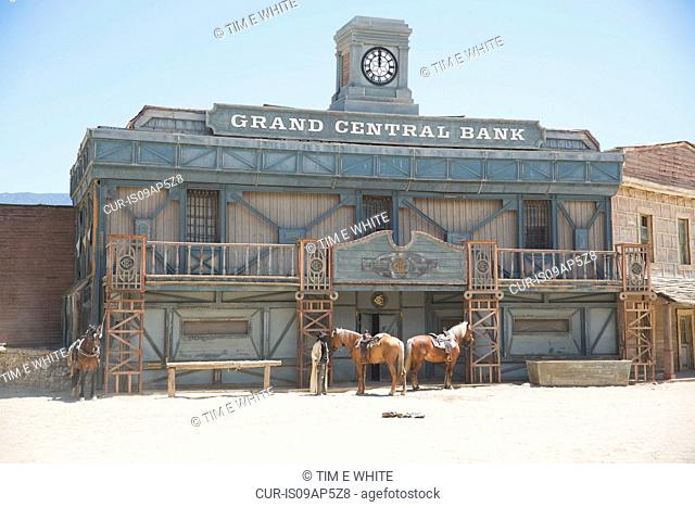 Cowboys and horses on wild west film set, Fort Bravo, Tabernas, Almeria, Spain