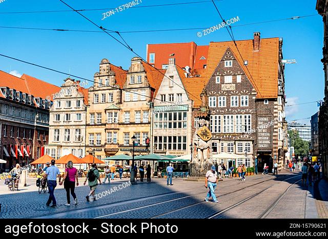 Bremen, Germany - August 7 2019: Historical centre of the medieval Hanseatic City of Bremen. Market Square at night