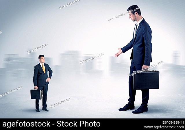 Giant businessman being afraid of small serious executor with suitcase