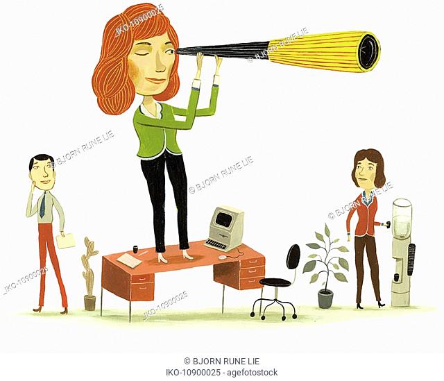 Businesswoman standing on desk with telescope