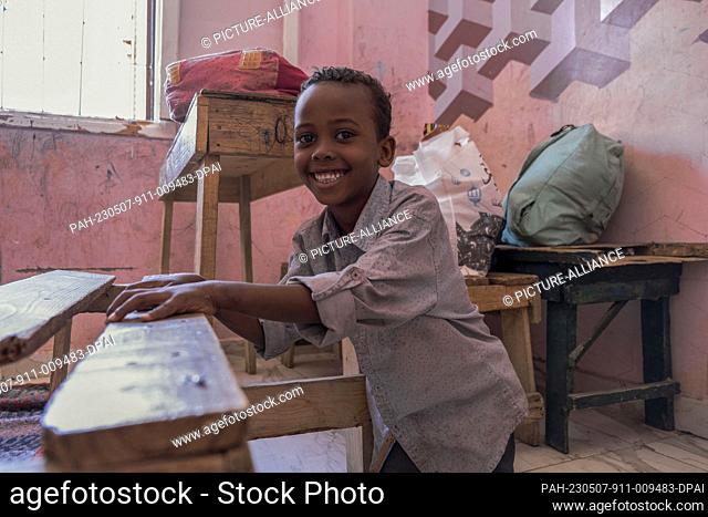04 May 2023, Egypt, 6th of October City: A picture made available on 8 May 2023 shows Naglaa Al-Aazz's son, Moneeb, playing at the Union of Refugee and Migrant...