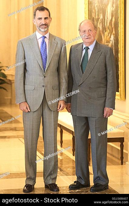 King Felipe VI of Spain and King Juan Carlos of Spain attend a meeting with the Board of Cotec Foundation at Palacio de la Zarzuela on June 22