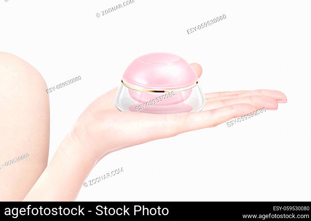 Pink dome cosmetic jar on hand isolated