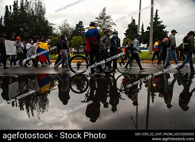 Demonstratiors march in Bogota, Colombia on May 3, 2021, in a protest against the goverment of president Ivan Duque