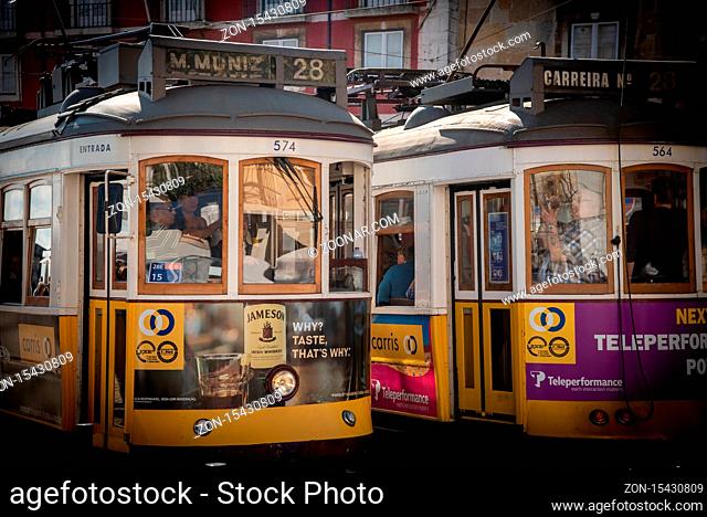 Lisbon, Portugal, October 20 2018 : Traditional local transportation tram at alfama area at Lisbon city in Portugal