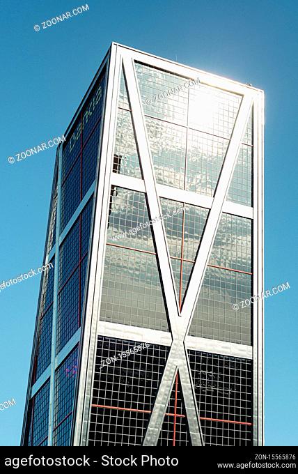 Madrid, Spain - May 31, 2020: The Gate of Europe towers, they are two inclined twin office buildings near the Plaza de Castilla
