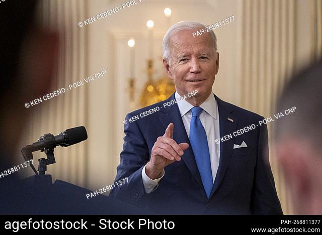 United States President Joe Biden answers reporter’s questions after delivering remarks on the status of the country’s fight against COVID-19 in State Dining...