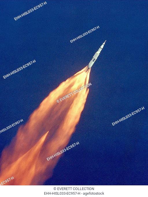 Moon launch. The Apollo 11 Saturn V space vehicle climbs toward orbit after liftoff. In two and a half minutes it was 39 miles above Earth and 55 miles from its...