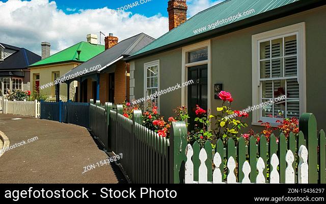 HOBART, AUSTRALIA- DECEMBER, 21, 2016: row of old cottages at arthur circus at battery point in tasmania, australia