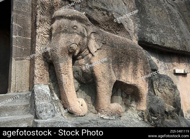 Ajanta Caves, Aurangabad, Maharashtra, India Right elephant of the elephant gate which leads to Cave 16 to 26