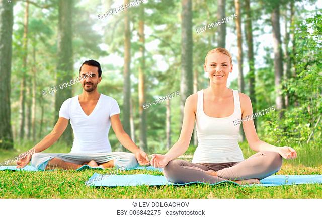 sport, fitness, yoga and people concept - smiling couple meditating and sitting on mats over green woods background