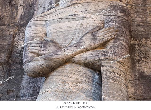 Detail of the rock carved granite image of the 7m tall standing Buddha, Gal Vihara, Polonnaruwa Polonnaruva, UNESCO World Heritage Site, Sri Lanka, Asia