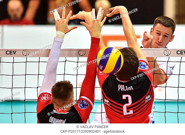 L-R Peter Ondrovic and Filip Palgut of Budejovice and Genadij Sokolov of Hapoel in action during the 2018 CEV Volleyball Champions League - Men, 3rd Round