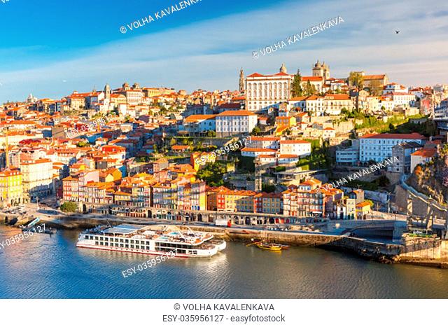 Picturesque panoramic aerial view of Old town of Porto, Ribeira and Douro River in the morning, Portugal