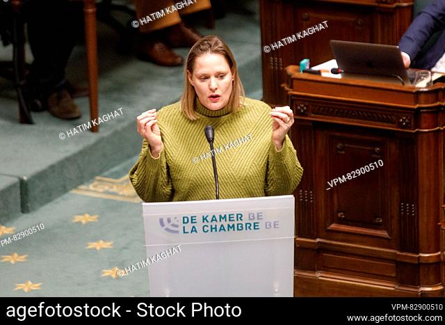 Groen's Eva Platteau pictured during a plenary session of the Chamber at the Federal Parliament in Brussels on Thursday 21 December 2023