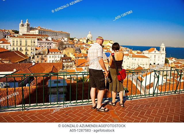 Panoramic view of Alfama overlooking one of the small squares of the district View of the Sao Jorge St George Lisbon. Portugal