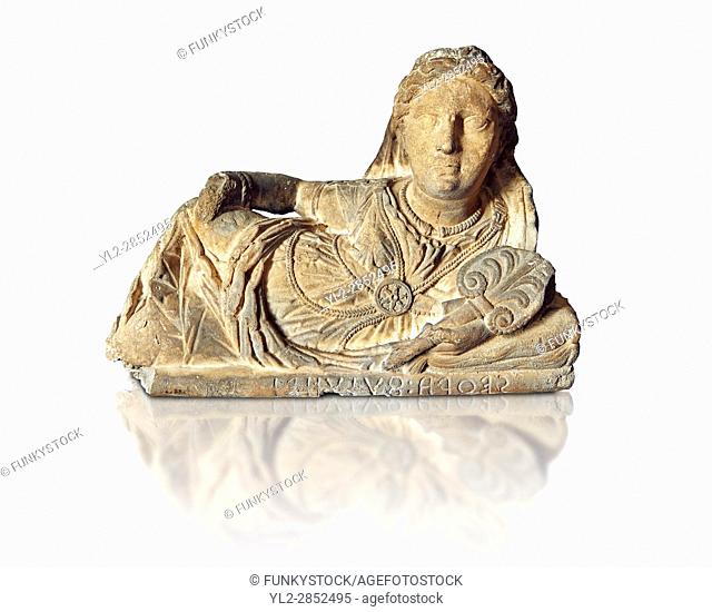 Etruscan sculpted Hellenistic style cinerary, funreary, urn cover with a women , National Archaeological Museum Florence, Italy, white background