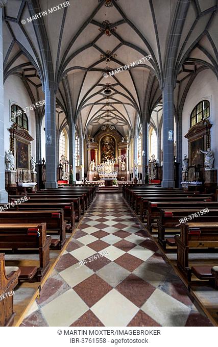 Nave, collegiate parish church of St. Philipp and Jakob, late Gothic hall church, Altötting, Upper Bavaria, Bavaria, Germany