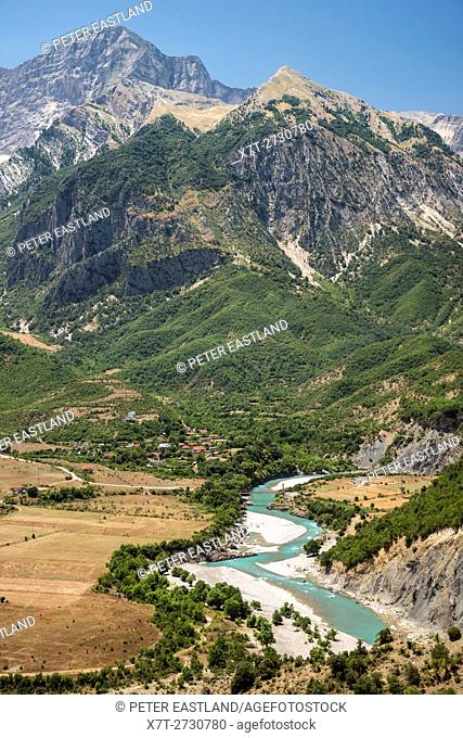 The Vjose river (Aoos river in Greek) valley with the Nemercke mountains in the background, near Permet in southern Albania