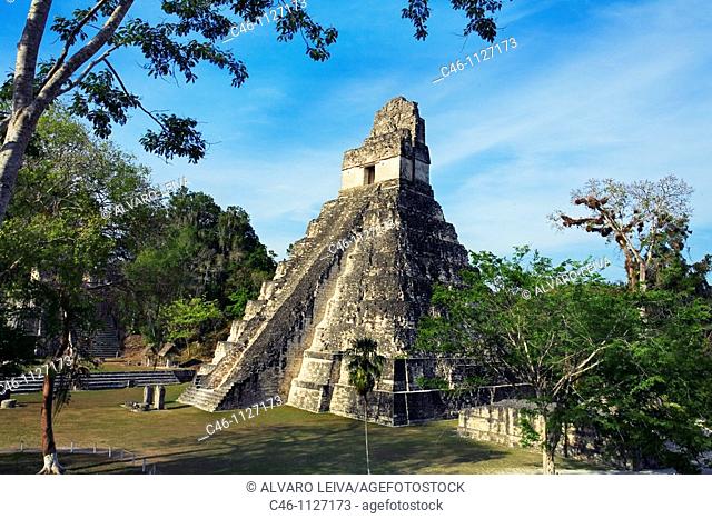 Great Plaza and Temple of the Giant Jaguar.Temple I. Mayan ruins of Tikal. Guatemala