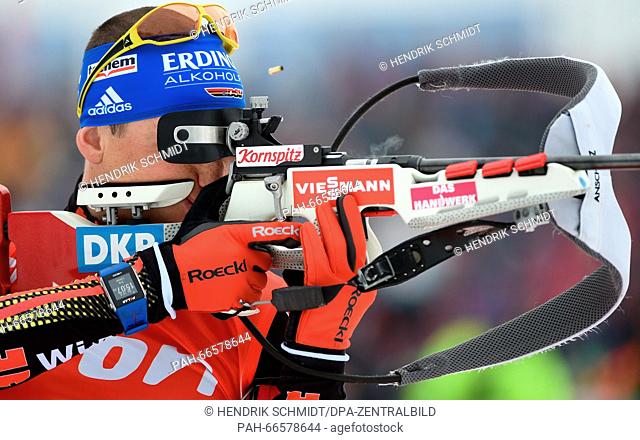 Erik Lesser of Germany at the shooting range during the men's 20km individual competition at the Biathlon World Championships, in the Holmenkollen Ski Arena