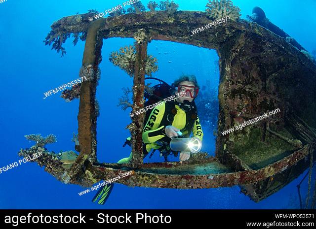 Scuba Diver at Russian Cargo Shipwreck, Zabargad Reef, Red Sea, Egypt