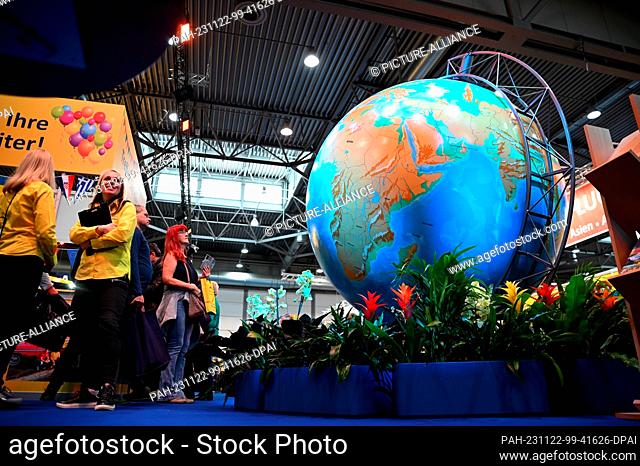 22 November 2023, Saxony, Leipzig: The representation of a globe can be seen at the ""Touristik & Caravaning International 2023"" trade fair