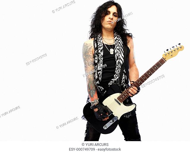 Rock band guitarist isolated against white background