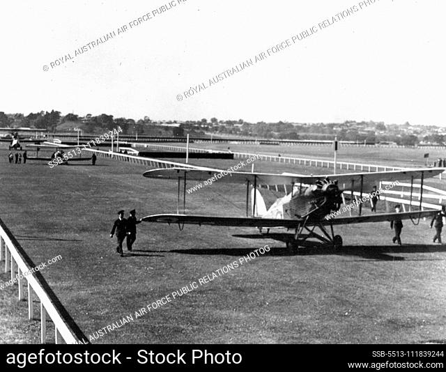 Wapiti, Cadet, and Seagull arriving at Flemington Racecourse, for RAAF display. April 19, 1938. (Photo by Royal Australian Air Force Public Relations...