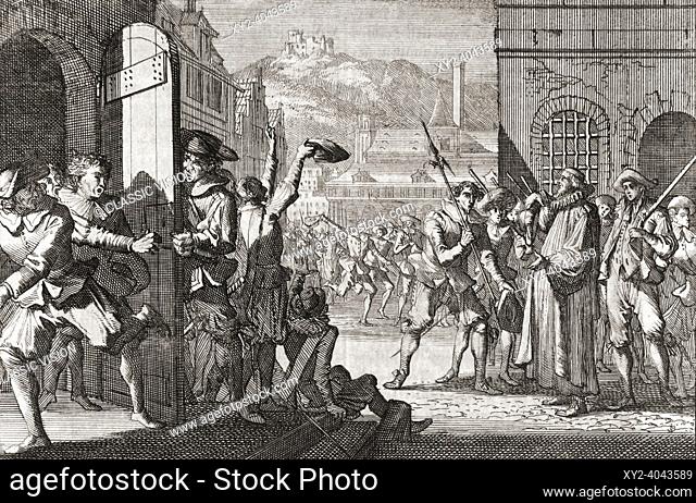 Revolt in London against Charles I, 1600 - 1649, and Bishop William Laud, 1573 - 1645. To the right, Laud is confronted by armed citizens