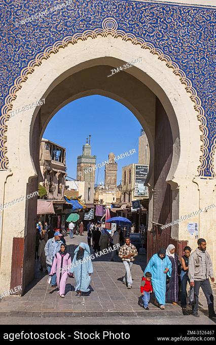 View of the old fortified city wall of the medina (old town) with the Blue Gate and the Madrasa Bou Inania (Bouanania) in the city of Fez (or Fes) in Morocco